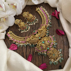 Vriksham Jalebi Style Dual Peacock Kundan Jadau Short Neckpiece-Pastel Green Bead-J2947