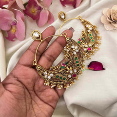 Vriksham Heritage Peacock Motif Oversized Chandbalis With Delicate Pearl Droplets Earrings-Red-G22261