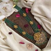 Vriksham Designer Lakshmi Pendant Kundan Jadau Beaded Mala-Pastel Green Bead-J2963