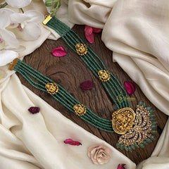 Vriksham Designer Lakshmi Pendant Kundan Jadau Beaded Mala-Pastel Green Bead-J2963