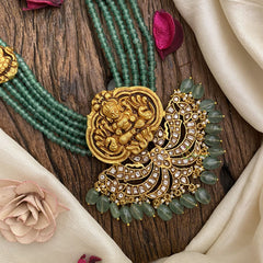 Vriksham Designer Lakshmi Pendant Kundan Jadau Beaded Mala-Pastel Green Bead-J2963