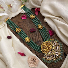 Vriksham Designer Lakshmi Pendant Kundan Jadau Beaded Mala-Pastel Green Bead-J2963