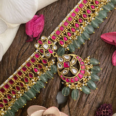 Vriksham Exquisite Red Kundan Jadau Pastel Green Bead Choker-J2985