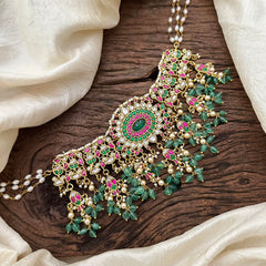 Premium 3 Layer Jadau Kundan Choker-Green Bead-Rice Pearl-J2207