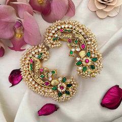 Vriksham Grand Royal Peacock Antique Gold Finish With Multi-Color Kemp Stones Stud Earcuffs -Pearls Coating-Green-G22257