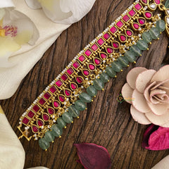 Vriksham Exquisite Red Kundan Jadau Pastel Green Bead Choker-J2985