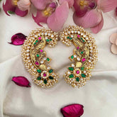 Vriksham Grand Royal Peacock Antique Gold Finish With Multi-Color Kemp Stones Stud Earcuffs -Pearls Coating-Green-G22257