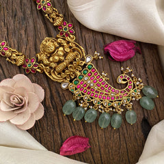 Vriksham Lakshmi & Peacock Pendant Kundan Jadau Neckpiece-Pastel Green Bead-J2858