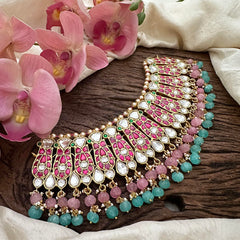 Unique Jadau Kundan Choker-Aqua Blue& Pastel Pink Bead-J2215