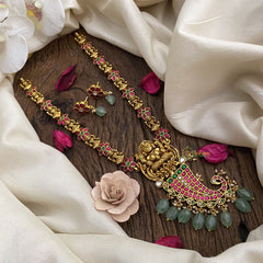 Vriksham Lakshmi & Peacock Pendant Kundan Jadau Neckpiece-Pastel Green Bead-J2858