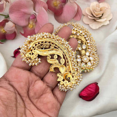 Vriksham Grand Royal Peacock Antique Divine White Stone & Pearl Earcuffs -G22259