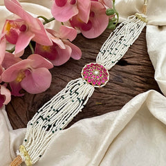 Royal Multilayer Jadau Kundan High Neck Choker-Pearl-J2203