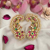 Vriksham Grand Royal Peacock Antique Gold Finish With Multi-Color Kemp Stones Stud Earcuffs -Pearls Coating-Red-G22258