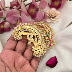 Vriksham Grand Royal Peacock Antique Gold Finish With Multi-Color Kemp Stones Stud Earcuffs -Pearls Coating-Red-G22258