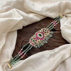 Stylish 3 Layer Jadau Kundan Choker-Pastel Pink Green Bead-J2210