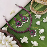 Vriksham Precious Kemp Pendant addigai attigai with earrings -Red-Green - Pearl-G18541