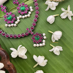 Vriksham Precious Kemp Pendant addigai attigai with earrings -Red-Green - Pearl-G18541