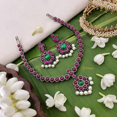 Vriksham Precious Kemp Pendant addigai attigai with earrings -Red-Green - Pearl-G18541