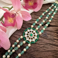 Designer Multilayer Jadau Kundan Choker-Pastel Green Bead-Pearl-J2217