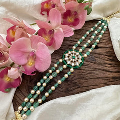 Designer Multilayer Jadau Kundan Choker-Pastel Green Bead-Pearl-J2217