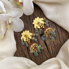 Vriksham Designer Jadau Kundan Jhumka-Pastel Green Bead-J2842