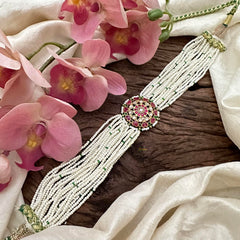 Precious Jadau Kundan Multilayer High Neck Choker-Pearl-J2204