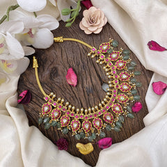 Vriksham Precious Maanga Jadau Kundan Short Neckpiece-Pastel Green Bead-J2974