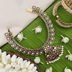 Vriksham Precious Kemp Stone Maanga Short Neckpiece With Pendant-Red White & Green-Pearl-G18538