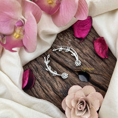 Vriksham Floral Vine CZ Ear Climber-Silver Statement EarCuff Stud Earrings-G20268