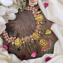 Vriksham Premium Lakshmi Pendant Jadau Kundan Short Neckpiece-Pastel Green Bead-J2975