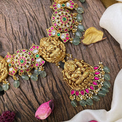 Vriksham Premium Lakshmi Pendant Jadau Kundan Short Neckpiece-Pastel Green Bead-J2975