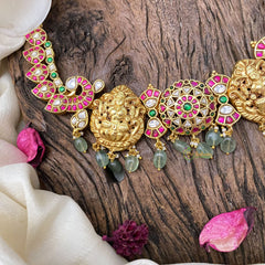 Vriksham Premium Lakshmi Pendant Jadau Kundan Short Neckpiece-Pastel Green Bead-J2975