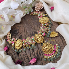 Vriksham Premium Lakshmi Pendant Jadau Kundan Short Neckpiece-Pastel Green Bead-J2975