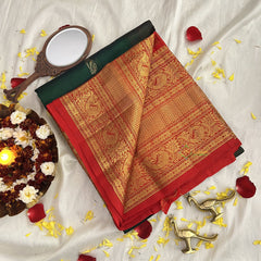 Forest Green with Orangish Red Silk Cotton Saree -VS1588