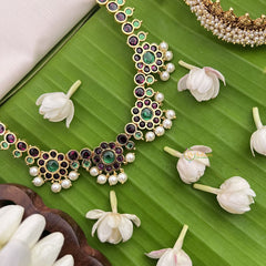 Vriksham Precious Kemp Stone Pendant Short Neckpiece-Red Green-Pearl-G18537