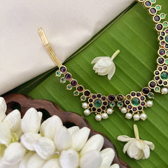 Vriksham Precious Kemp Stone Pendant Short Neckpiece-Red Green-Pearl-G18537