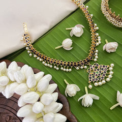 Vriksham Precious Kemp Pendant Short Neckpiece-Red Green-Pearl-G18542