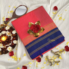 Hot Pink with Ink Blue Border Silk Cotton Saree-Handloom-Vairaoosi Podi Kattam-VS3366