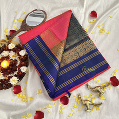 Hot Pink with Ink Blue Border Silk Cotton Saree-Handloom-Vairaoosi Podi Kattam-VS3366
