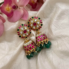 Flower Jadau Kundan Jhumkas-Aqua Green Bead-Pearl-J2165
