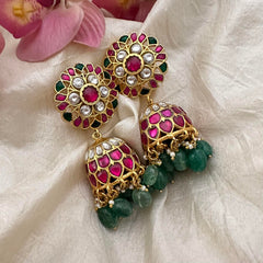 Flower Jadau Kundan Jhumkas-Aqua Green Bead-Pearl-J2165