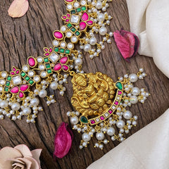 Vriksham Antique Lakshmi Pendant Kundan Jadau Neckpiece-White Bead-J2978