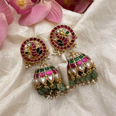 Peacock Jadau Kundan Jhumkas-Aqua Green Bead-Pearl-J2167
