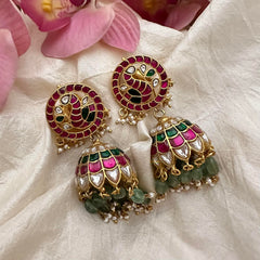 Peacock Jadau Kundan Jhumkas-Aqua Green Bead-Pearl-J2167