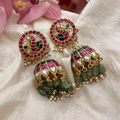 Peacock Jadau Kundan Jhumkas-Aqua Green Bead-Pearl-J2167