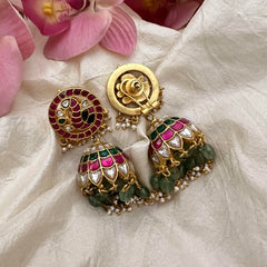 Peacock Jadau Kundan Jhumkas-Aqua Green Bead-Pearl-J2167