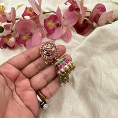 Peacock Jadau Kundan Jhumkas-Aqua Green Bead-Pearl-J2167