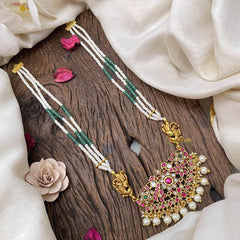 Vriksham Exquisite Dual Peacock Kundan Jadau Beaded Mala-White Bead-J2981