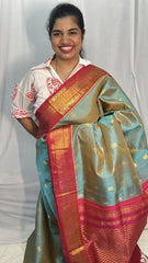 Vriksham Double Shaded Sky Blue with Pink Border Silk Cotton Saree-VS4302
