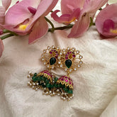 Premium Peacock Jadau Kundan Jhumkas-Green Bead-Pearl-J2160
